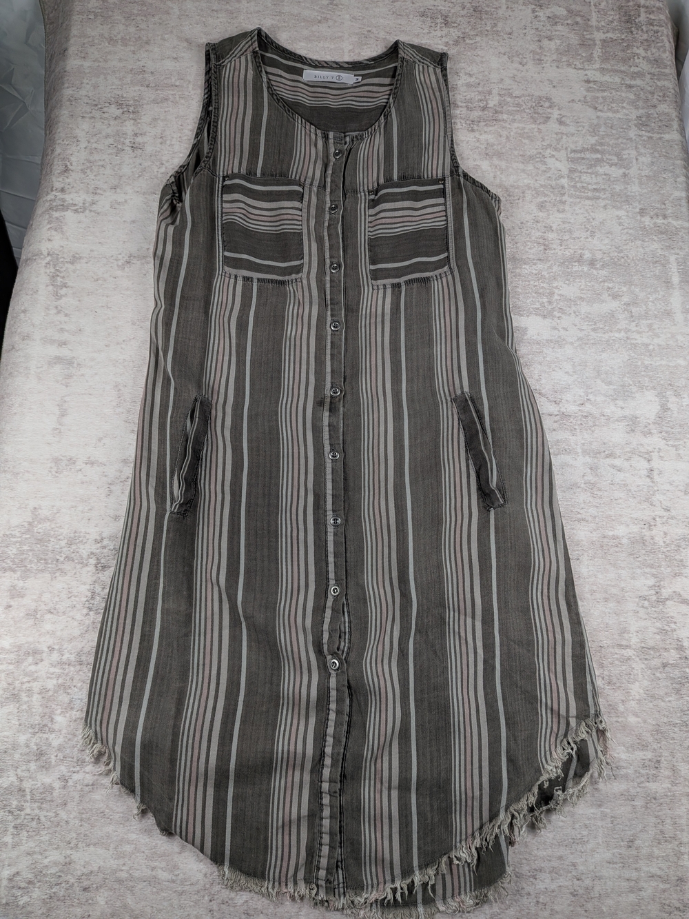 Billy T Gray Striped Button Down Sleeveless Tunic Dress Size M Raw Hem Pockets